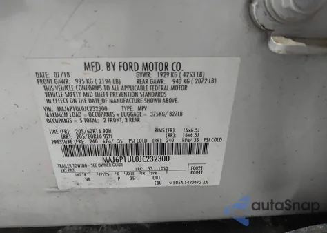 2018 Ford Ecosport Se z USA, uszkodzony, nr VIN MAJ6P1UL0JC232300